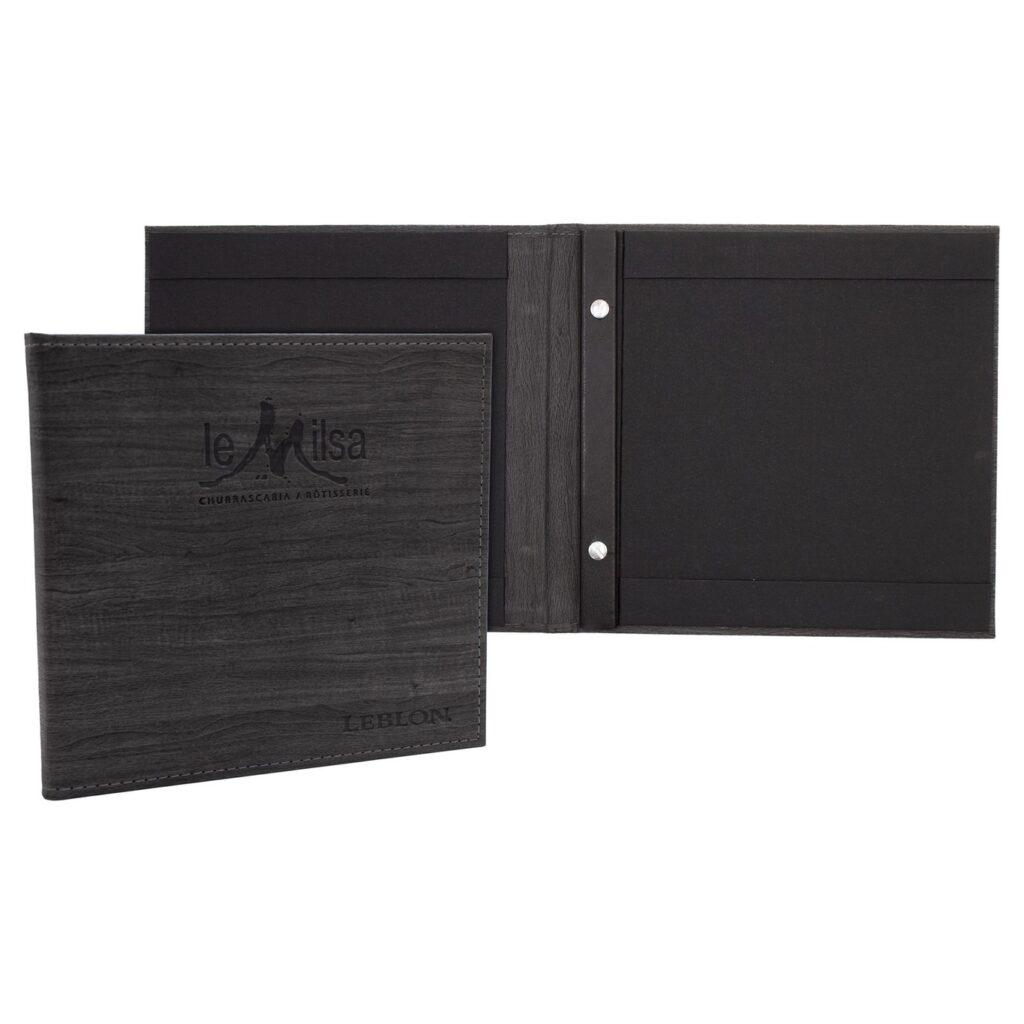 Restaurant menu cover – Landscape Menu Cover with Metal Screw Posts (ML103) – presentation view | fully customizable, made in Canada