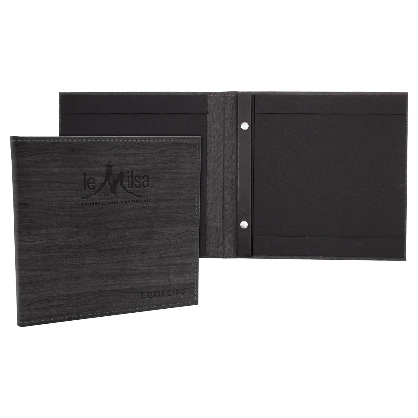 Restaurant menu cover – Landscape Menu Cover with Metal Screw Posts (ML103) – presentation view | fully customizable, made in Canada
