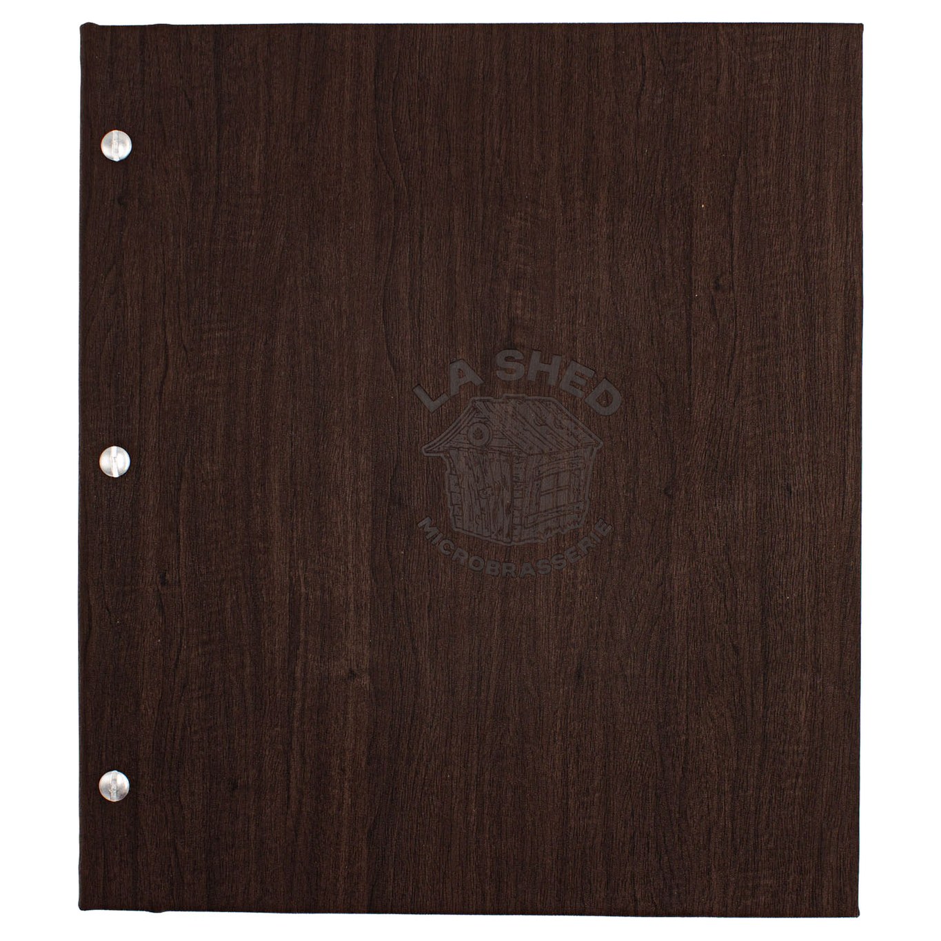 Restaurant menu cover – Dark Wood-Grain Menu Cover with Screw Posts (ML104) – closed view | fully customizable, made in Canada