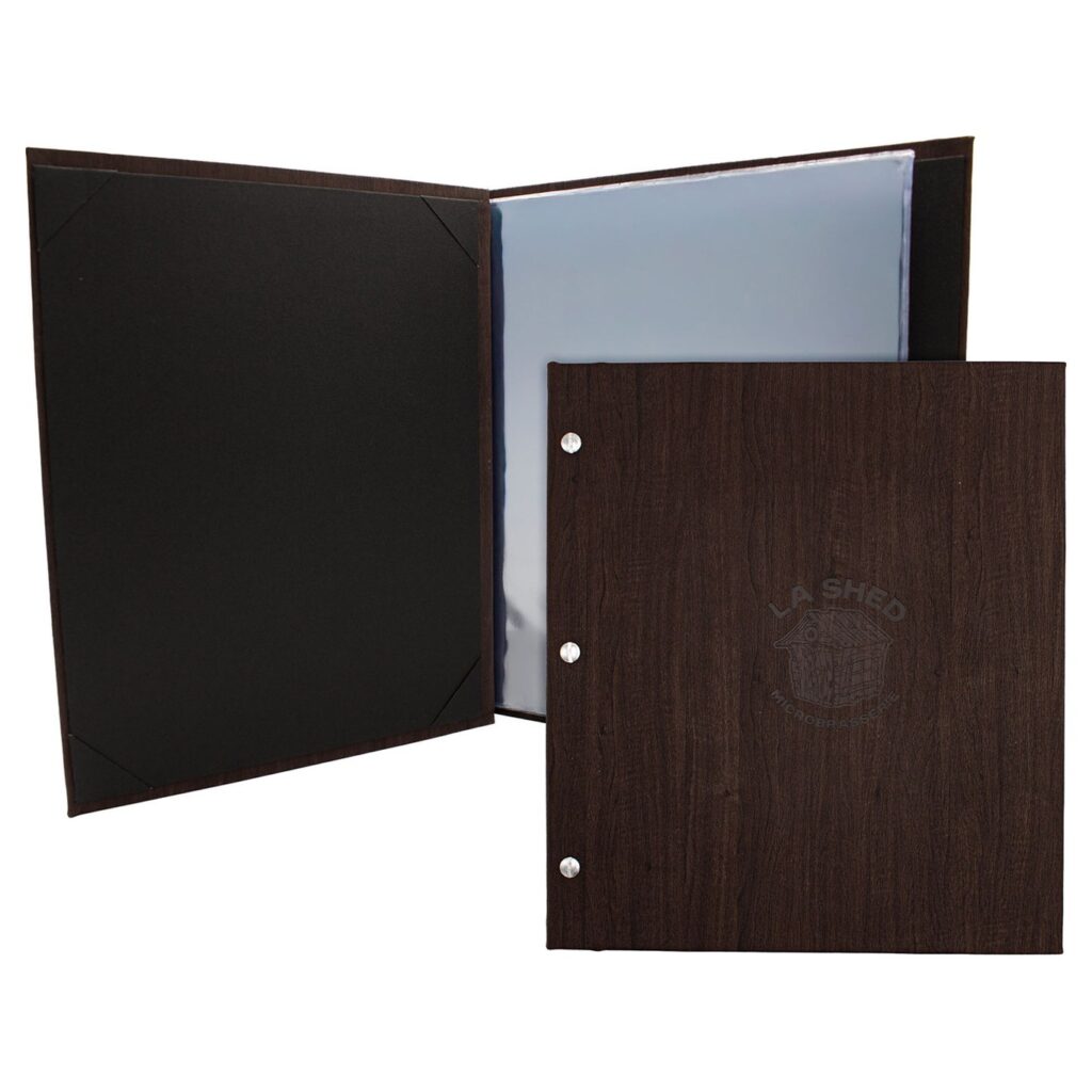 Restaurant menu cover – Dark Wood-Grain Menu Cover with Screw Posts (ML104) – presentation view | fully customizable, made in Canada