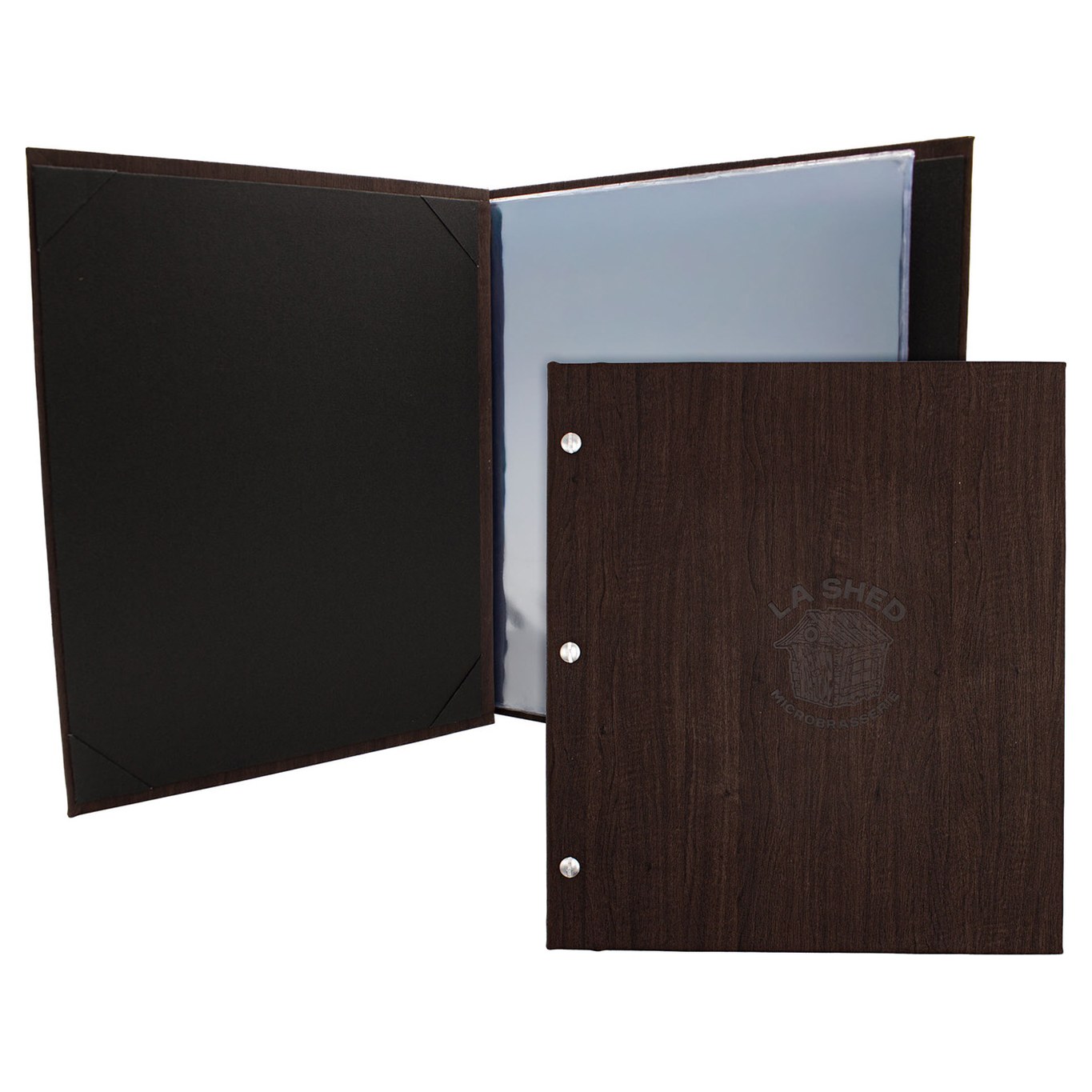 Restaurant menu cover – Dark Wood-Grain Menu Cover with Screw Posts (ML104) – presentation view | fully customizable, made in Canada