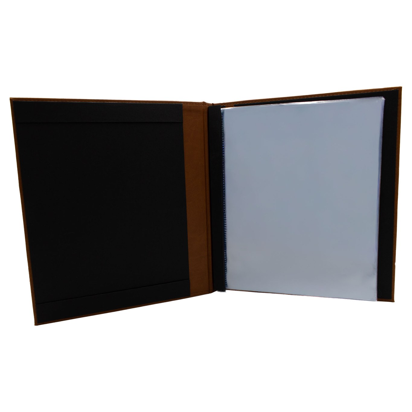 Restaurant menu cover – Cognac Leatherette Menu Cover (ML105) – open view | fully customizable, made in Canada