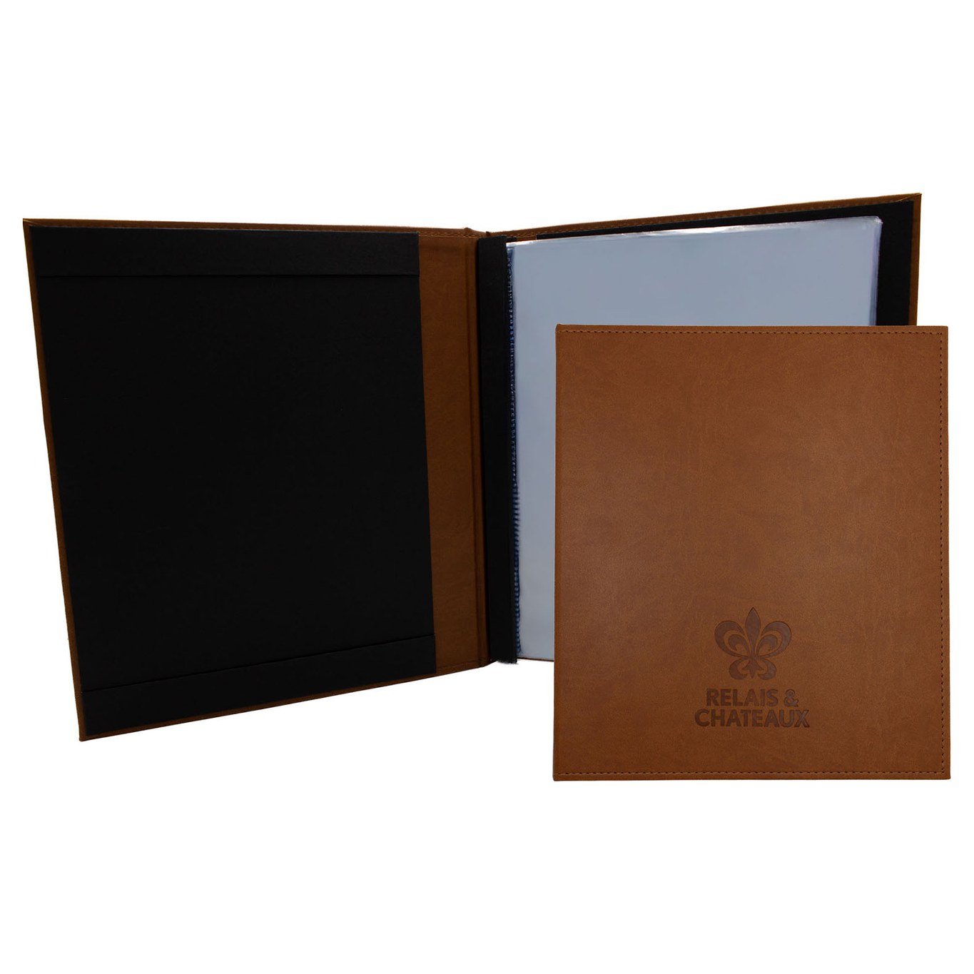 Restaurant menu cover – Cognac Leatherette Menu Cover (ML105) – presentation view | fully customizable, made in Canada